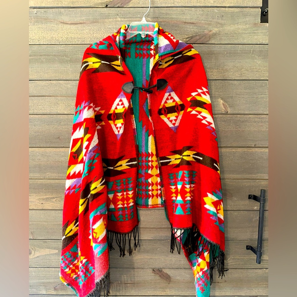 Vibrant Red Geometric Patterned Poncho
